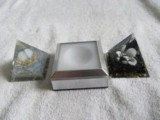 Orgone Pyramid (2) white/pearl & 1 B&W tree of life 1 multi function light base.