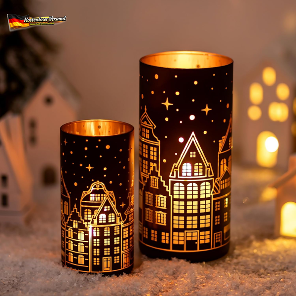 Glasseam Lichthaus Windlicht Glas KerzengläSer: 2Er Set Schwarz Gold Kerzenglas-image