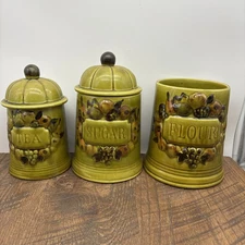 Vintage Los Angeles Potteries 1967 Ceramic Canister Set Green Flour Sugar Coffee