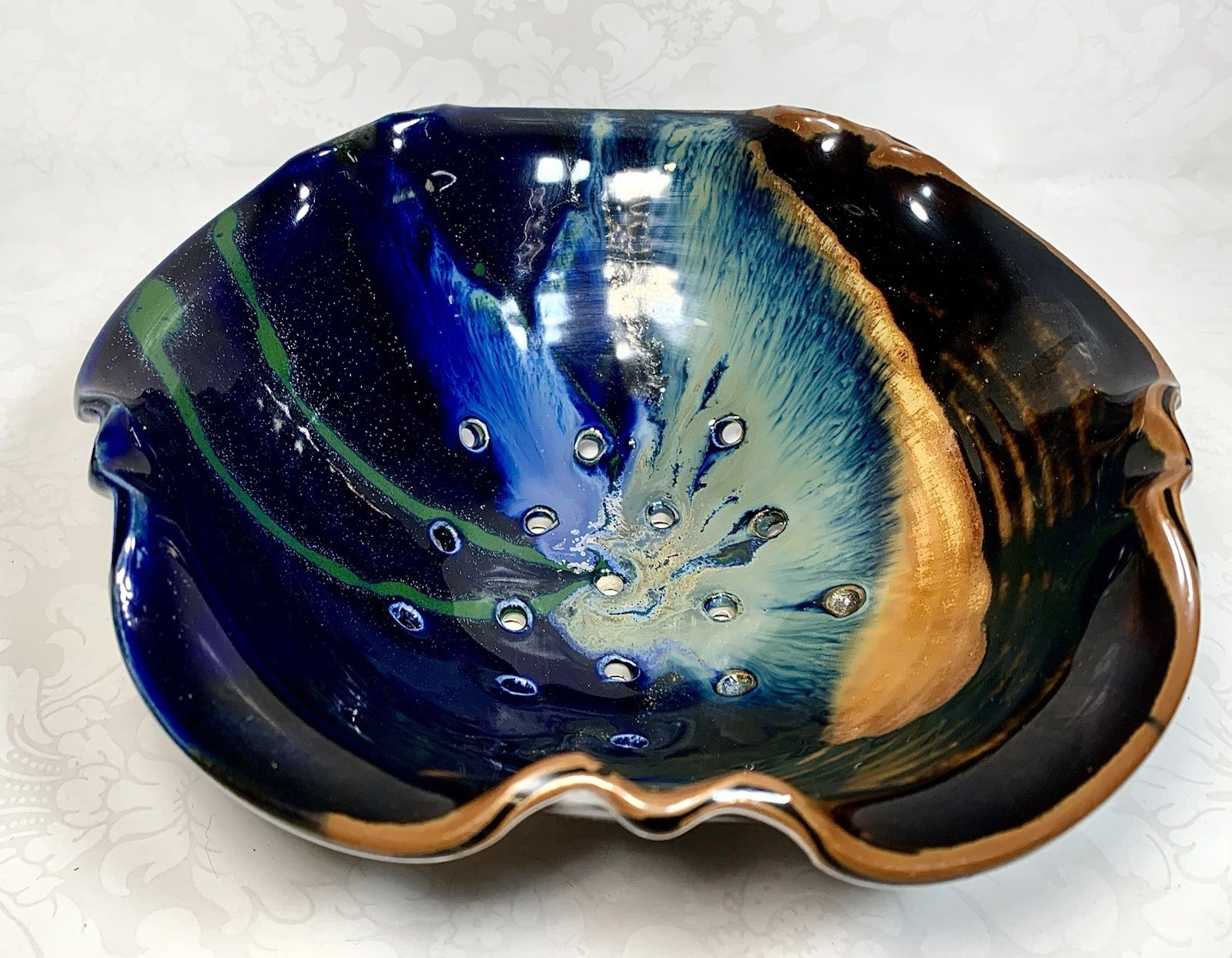 Handmade Art Pottery Stoneware Colander Strainer Blue Green & Orange Drip Glazed
