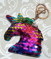 Rainbow Sequin Unicorn Keychain With Goldtone Keyring Lobster Clasp