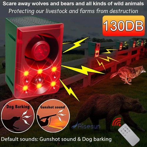 24H Sound & Light Alarm Motion Sensor 130dB Outdoor Dog Barking & Gunshot Sounds