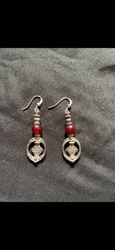 Garnet Faceted Bead And Silver Earrings One Of A Kind - Picture 2 of 4