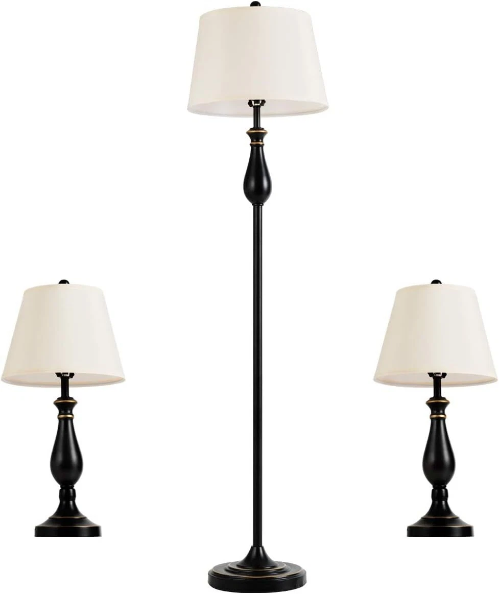 Tangkula 3 Pack Lamp Set 3 Piece Vintage Metal Base 2 Table Lamps