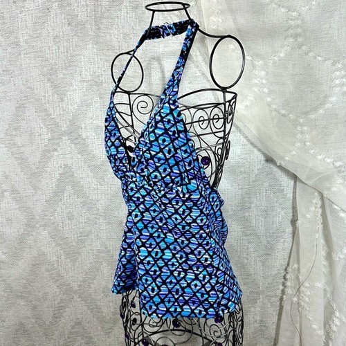 Speedo blue and purple diamond print halter tankini size 14 - Picture 6 of 7