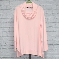 Cowl Neck Top Womens Sz M Pink French Terry Tunic with Curved Hem H by Halston