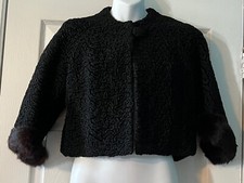 Vintage 1950s Black Curly Lamb Swing Cropped Jacket with Fur Cuffs EXCELLENT