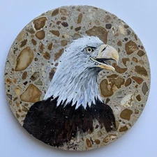 BALD EAGLE 6” ORIGINAL NATIVE AMERICAN PAINTING On Stone Signed FALLEN FEATHERS