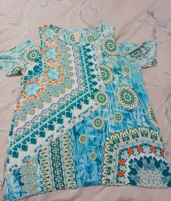 CHICO'S*White Blue Multi Design Top*Size 2 (M-L)*V-Neck*Cold Shoulder