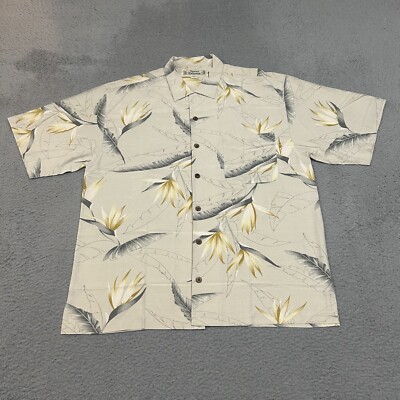 Tommy Bahama Shirt Mens Large Beige Tropical Hawaiian Silk Button Up Loop Collar