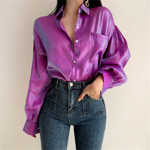 Blusa metálica con botones para mujer manga larga burbuja cuello en V camisas de fiesta brillantes - Imagen 5 de 7