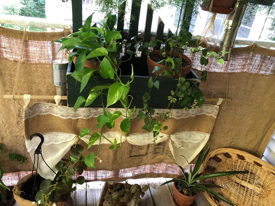 Cenefa/cortina natural de arpillera/encaje/muselina con ataduras no ajustables Foto 4 de 4