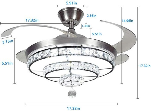 DLLT Crystal Ceiling Fan with Lights 36W Ceiling Fan Remote 3 Blades Retractable - Picture 3 of 12