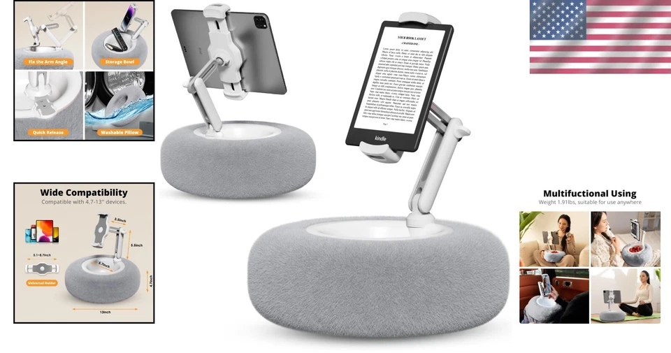 Versátil Soporte de Almohada Ajustable para Kindle/Tabletas con Acogedor Snack Bowl - Gris Foto 2 de 4
