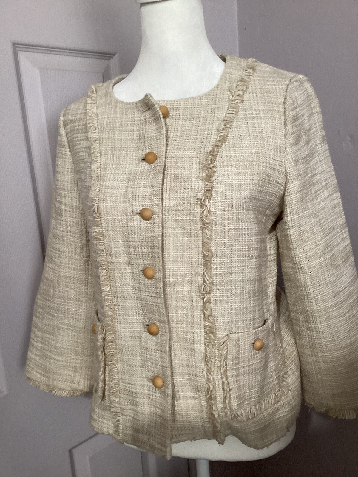 Karl Lagerfeld Cream Tweed Button Basic Jacket - image 2