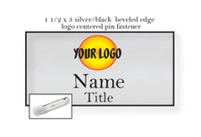 1 SILVER NAME BADGE COLOR LOGO CENTERED 2 LINES OF IMPRINT PIN FASTENER