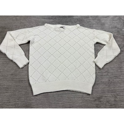 Loft Womens Cream Diamond Pointelle Knit Boat Neck Cotton Blend Sweater Large