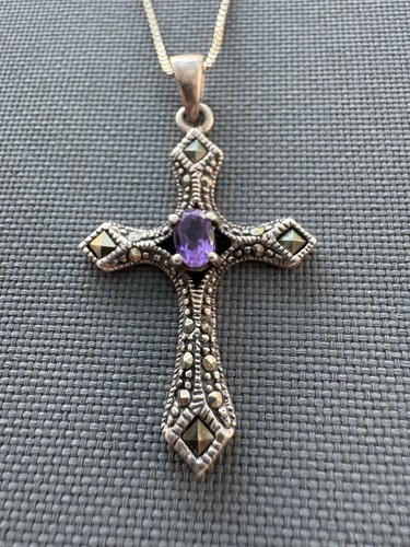 925 Sterling Silver Amethyst Marcasite Cross Pendant Necklace 18” Box Chain