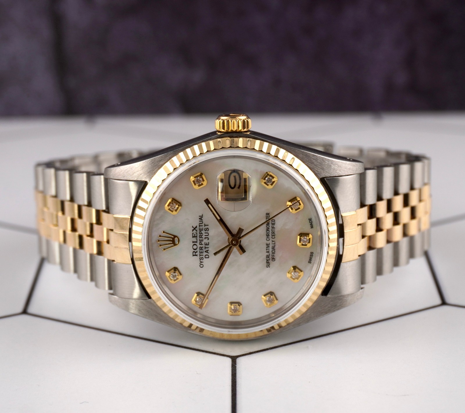 Rolex Datejust 36mm Yellowgold Scanalata Bianco Diamond Quadrante Orologio 16013 foto 2
