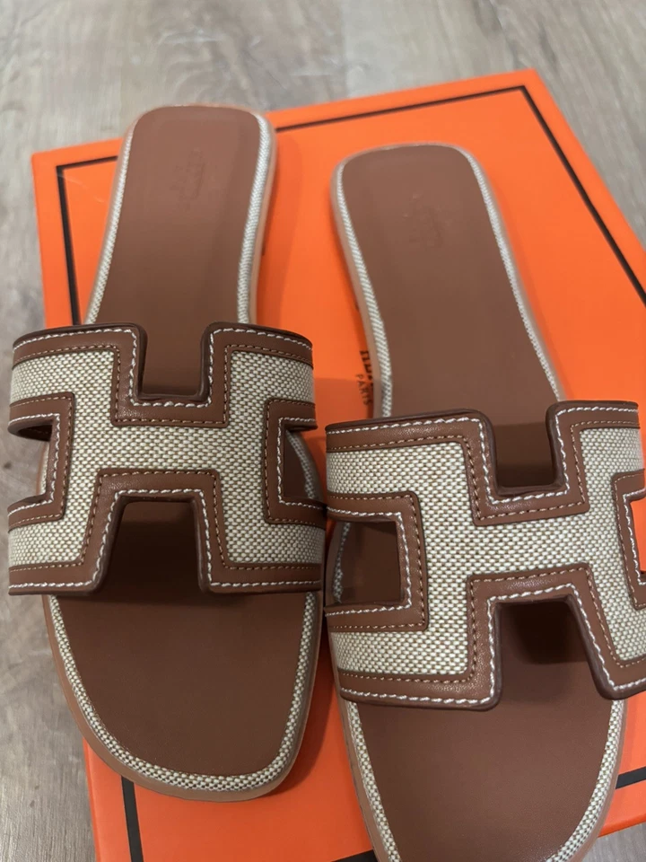 HERMÈS Oran sandales claquettes femme cuir marron à enfiler EU 38 - Photo 2/4
