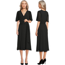 Lauren Ralph Lauren Belted Georgette Dress Women's 12 Black Faux Wrap Chiffon