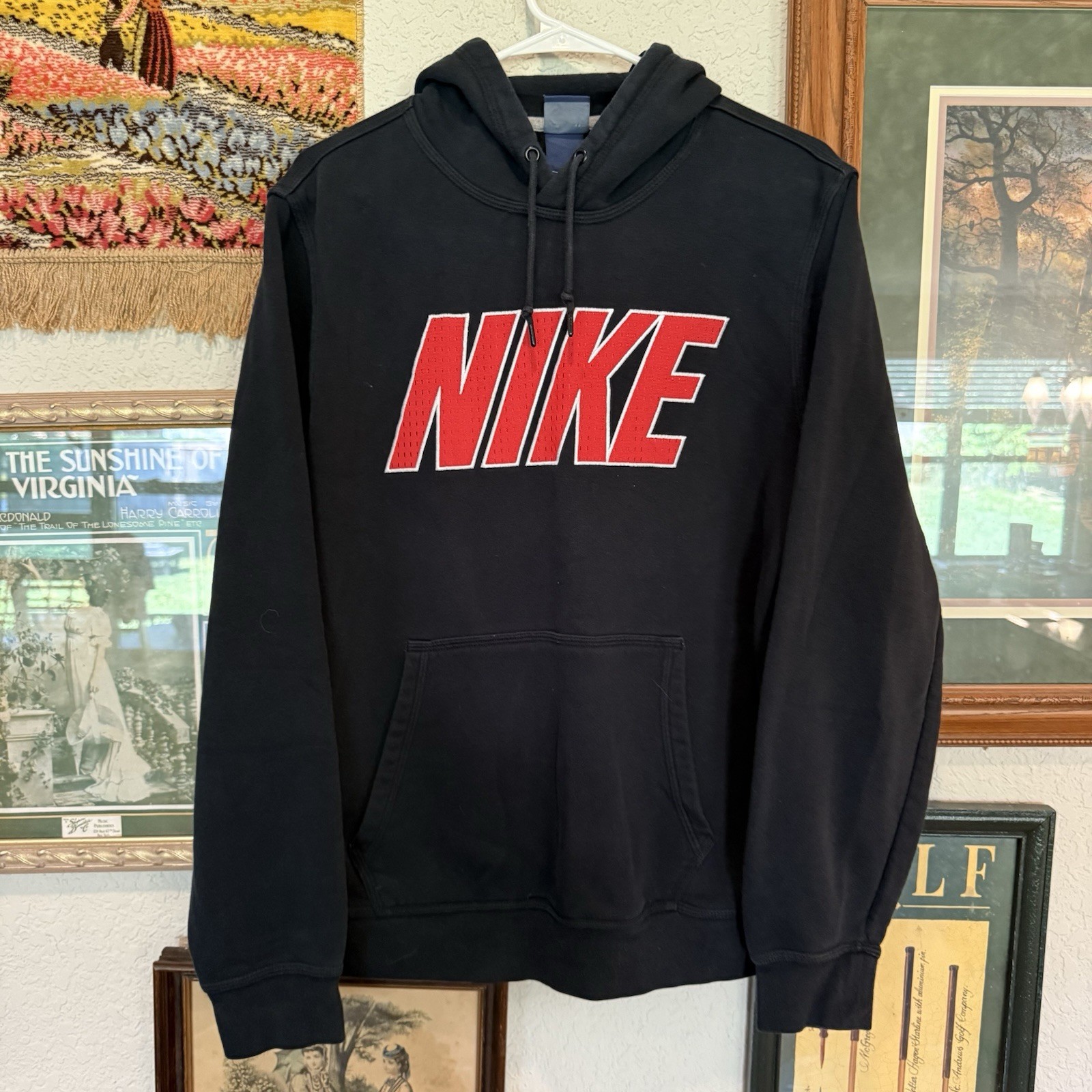 Vintage 90s/00s RARE Nike Mens Black And Red Mesh Logo Sports Hoodie Size Large