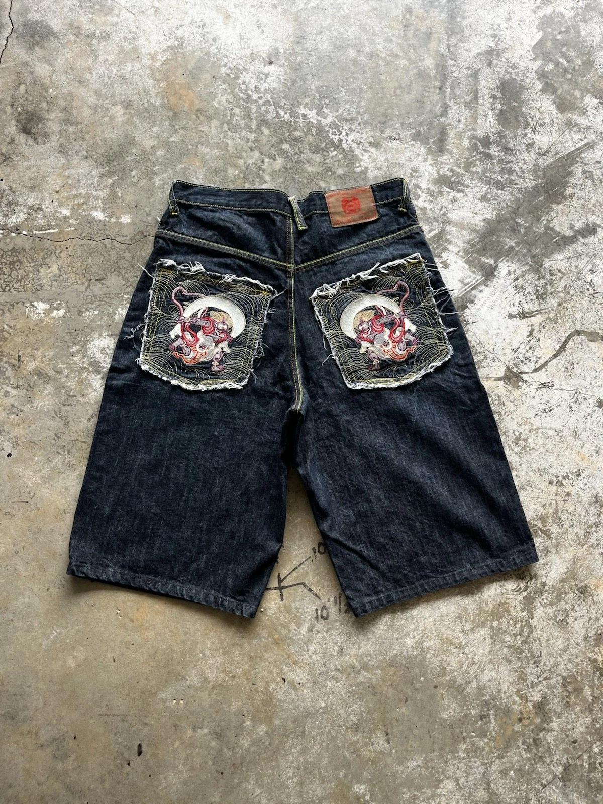 Y2K Red Ape Baggy Denim Shorts Size 32 Embroidered Pockets