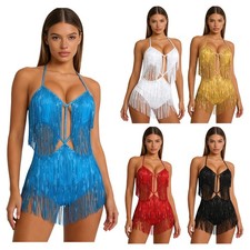 Womens Belly Latin Dance Tango Fringed Bodysuit Tassels Backless Shiny Jumpsuit
