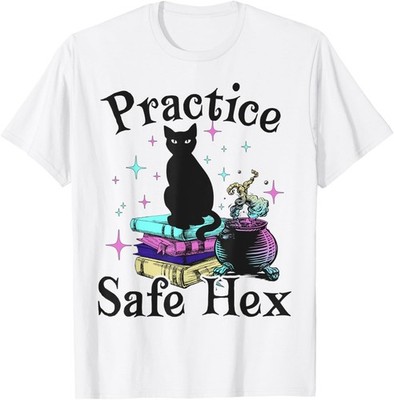 Funny Halloween Black Cat Practice Safe Hex Novelty Graphic T-Shirt