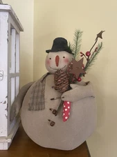 PRIMITIVE Chubby SNOWMAN DOLL Candy Cane CHRISTMAS Pinecones Rusty Star Pine