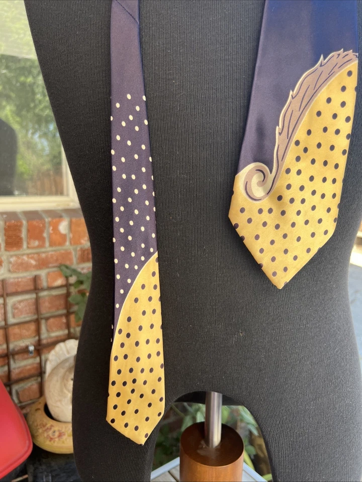 Corbata Splendor Van Heusen Van Original 51"x 4" Amarillo Azul Marino Lunares De Colección Años 50-60 Foto 3 de 4