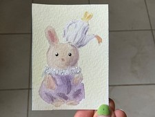  Aceo callico critters Milk Rabbit Baby tea watercolour painting 2.3 x 3.5 inch