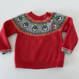 Suéter Mini Boden Bebé 12 18M Rojo Isla Feria Pingüino Pom Pom Festivo Invierno Crew