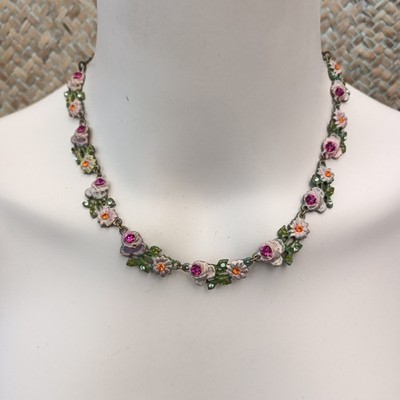 Vintage Michal Negrin Necklace Romantic Fairycore Enamel Flowers