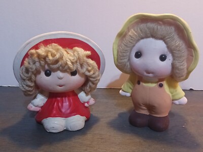 Vintage UCGG Taiwan Ceramic Coin Piggy Bank Doll Pair Little Girls Yarn Hair