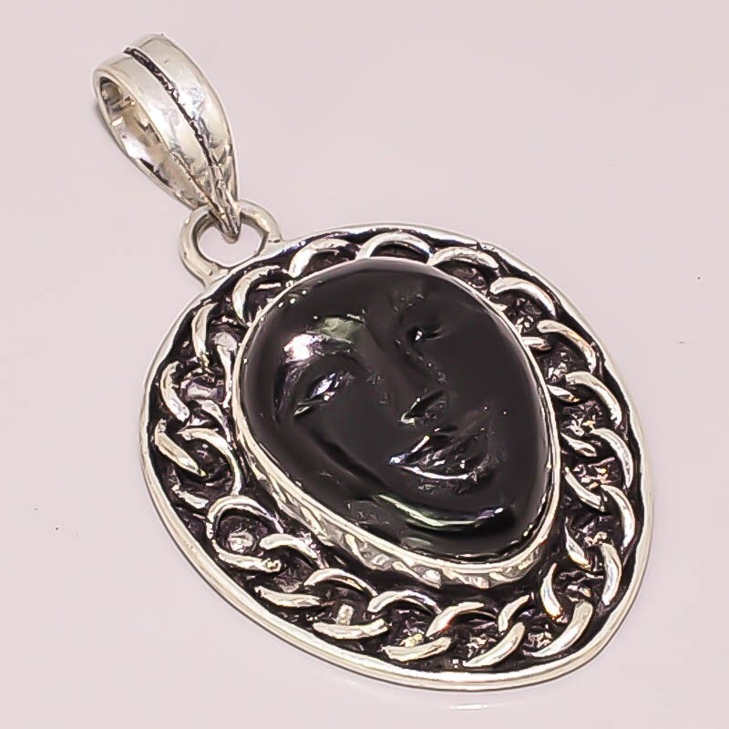 Black Onyx Moonface Pendant with Antique Finish in 925 Sterling Silver Plating