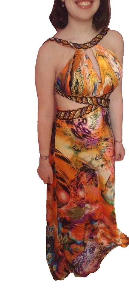 Vestido largo acordeón talla 0 maxi cuentas lentejuelas halter espalda abierta satinado pasarela Foto 2 de 4