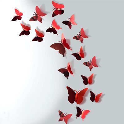 3D DIY Mirror Metallic Butterfly Wall Decor, Red, 48Pcs 4 Styles 3 Sizes, Rem...