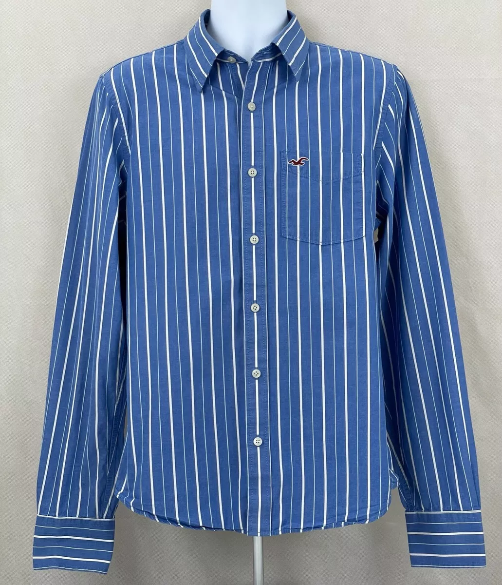 Hollister Button Up Dress Shirt Mens L Blue Striped Cotton w/ Logo Pocket  B12/2