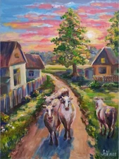 Original Art Village Landscape Modern Oil Painting Cows Sunset Impressionism