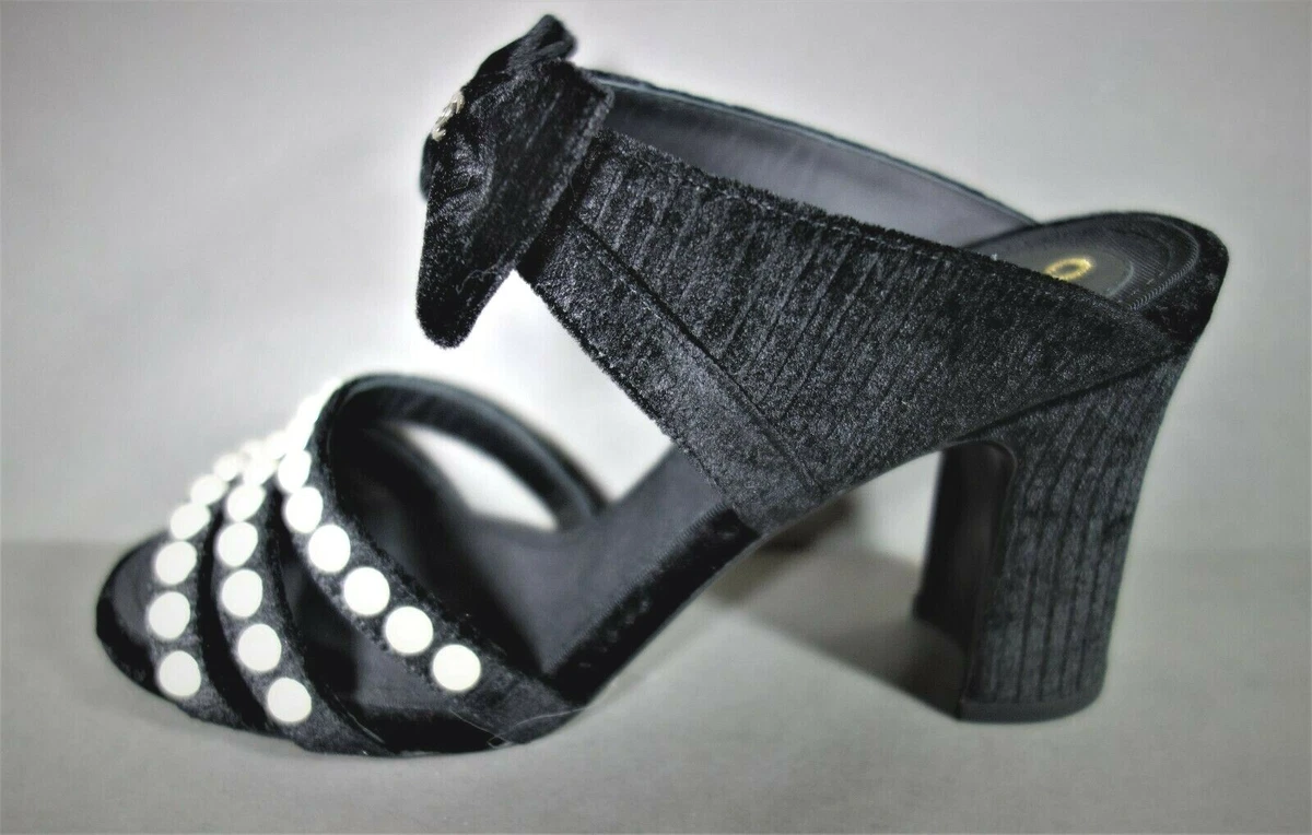 Chanel 36.5 Sandals Mules Black Ribbed Velvet Pearls Bow CC