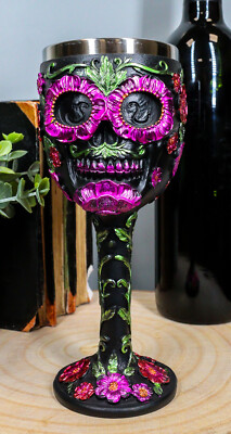 Ebros Gothic Black Red Pink Green Day of The Dead Sugar Skull Wine Goblet 7oz
