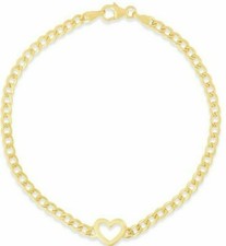 14k Yellow Gold 7" Polished HEART Curb Link Chain Bracelet 3.4 mm 2.4 grams