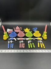 Vintage Frenzy Toys Childs Play Tea Set Dishes w Faux Candles Fiesta Colors