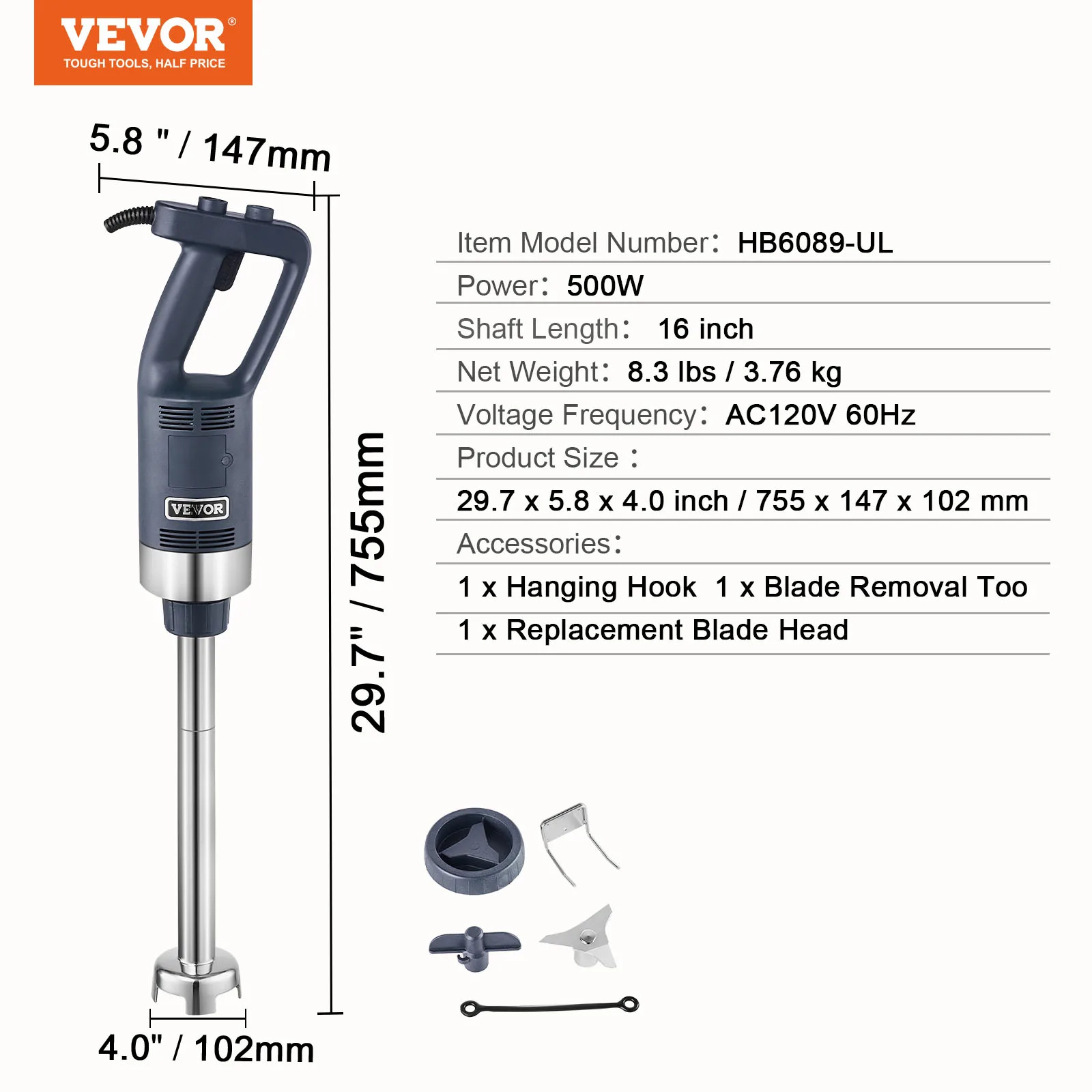 Immersion Blender Stepless Variable Speed for Soup Sauces Ma