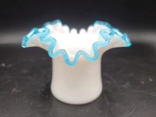 Vintage Fenton Glass Hat Vase White Aqua Crest 3 1/4" Tall Double Crimp