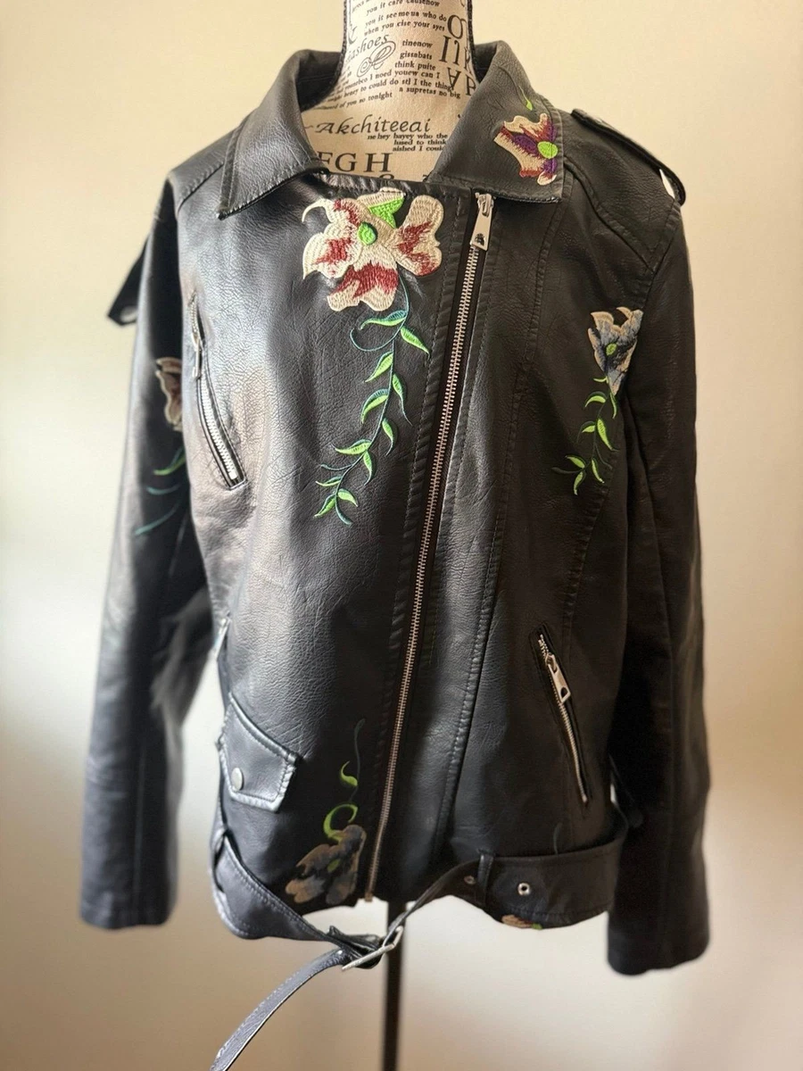Faux Leather Outer Shell Motorcycle Jacket Floral Coats, Jackets