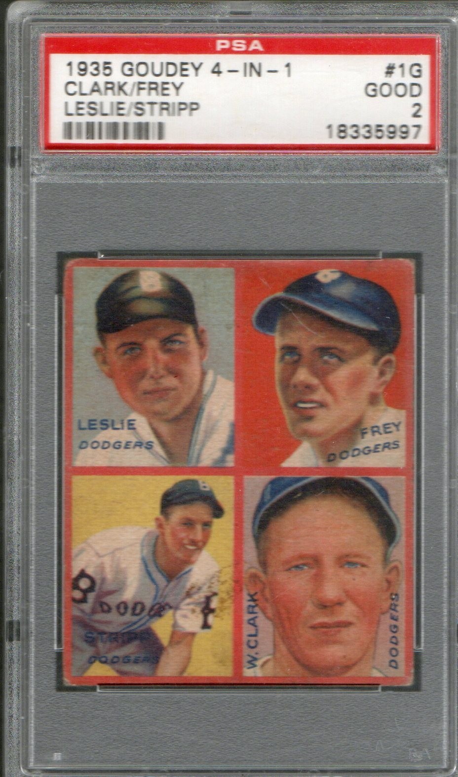 Clark, Frey, Leslie, Stripp #1G Baseball Cards 1935 Goudey 4 in 1 trading card — raw and PSA graded price guide