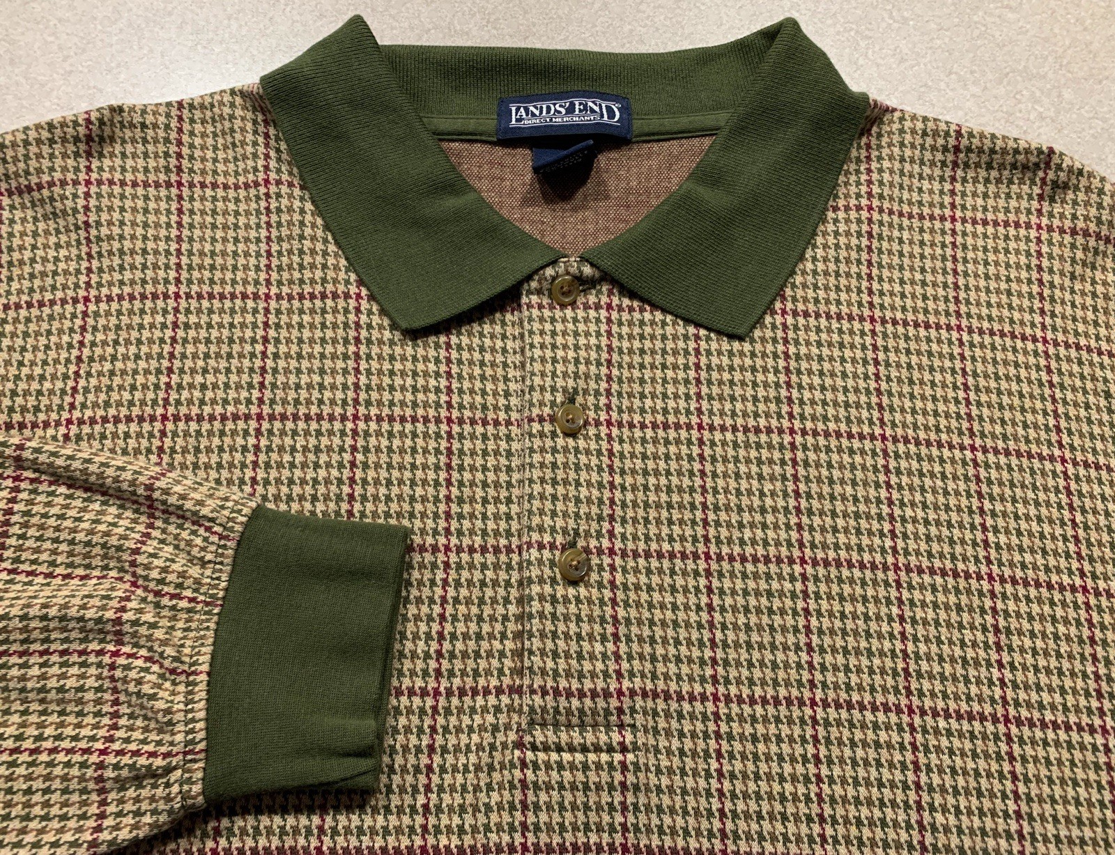 Vintage 90s Lands End Houndstooth Plaid Rugby Long Sleeve Polo Shirt Men