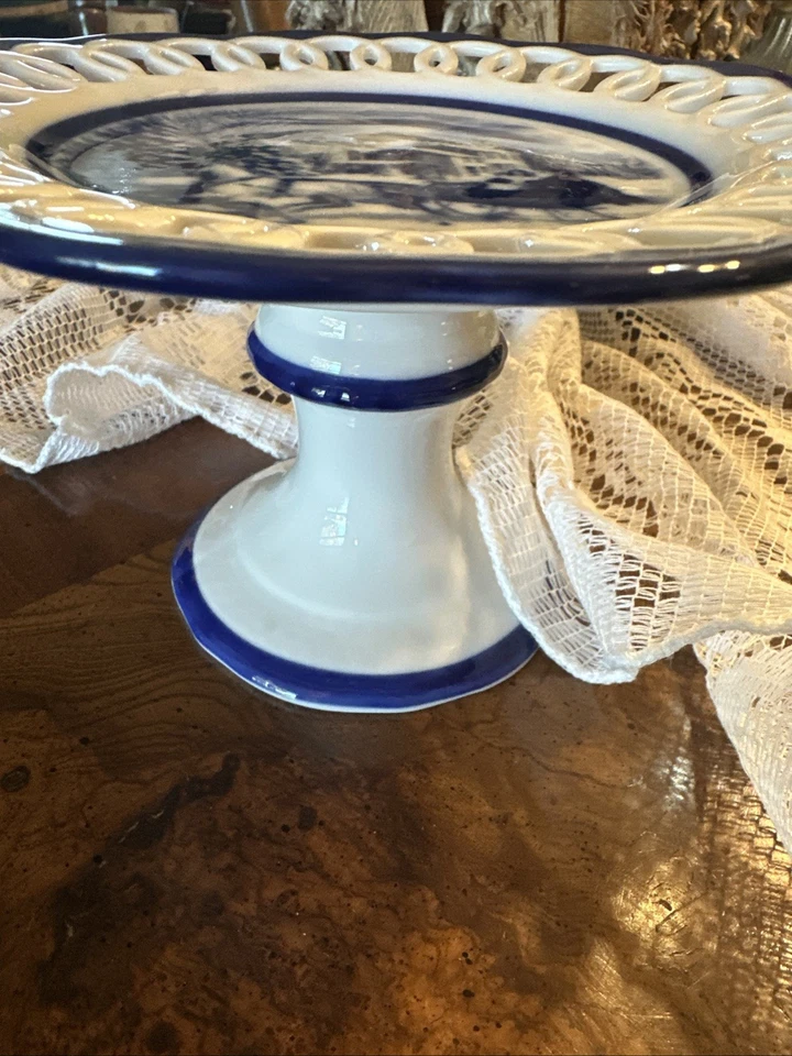 Cracker Barrel Pedestal Dessert Stand Blue White Scenic Cake Winter Christmas - Image 2 of 4